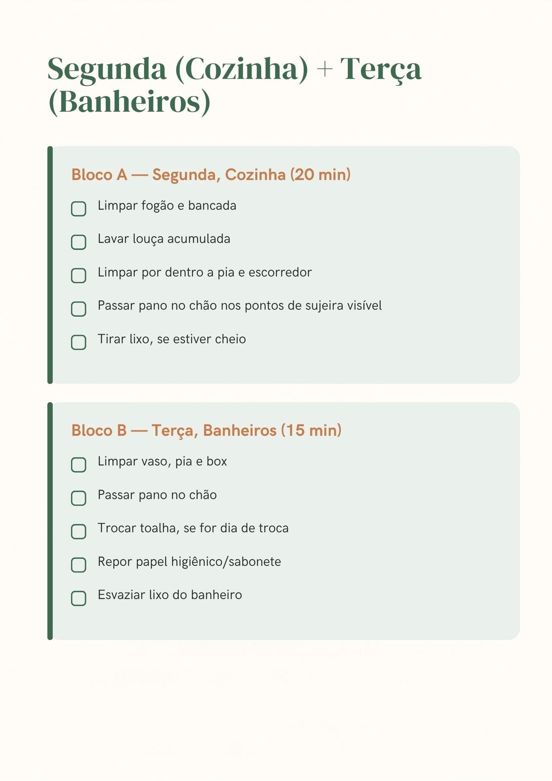 Checklist diário de segunda e terça